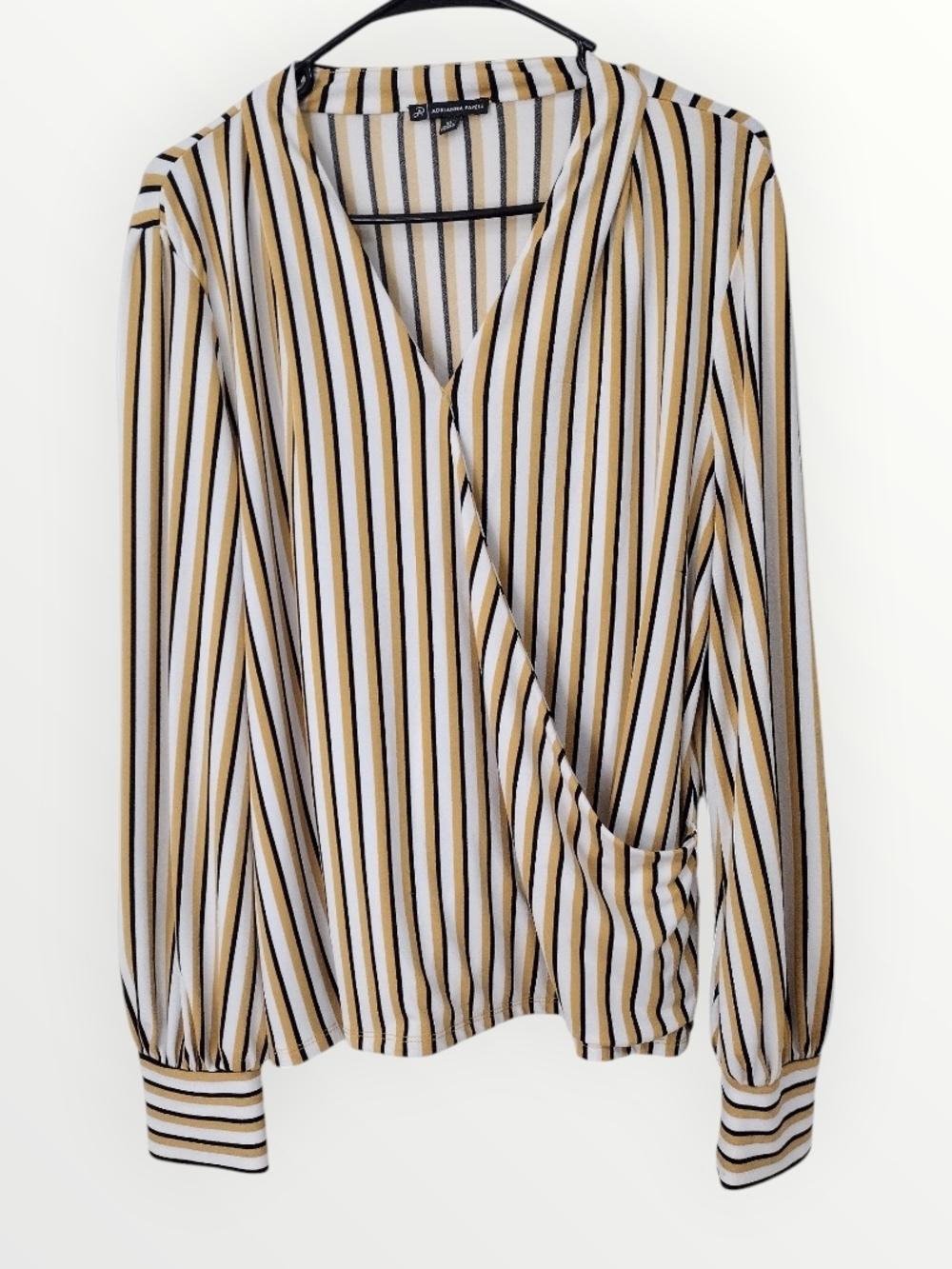 Adrianna Papell White, Black & Mustard Striped Wrap Blouse
